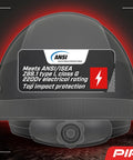 WolfJaw Fiberglass Full Brim Hard Hat With Wheel Ratchet For All Day Comfort ANSI Z89.1 Type 1 Class G label
