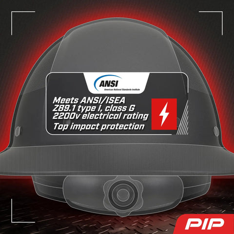 WolfJaw Fiberglass Full Brim Hard Hat With Wheel Ratchet For All Day Comfort ANSI Z89.1 Type 1 Class G label