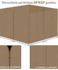 Privacy Curtain Set With Zipper For Outdoor Pavilions Four Panel Side Walls Replacement For Patio Canopy Khaki 10x12