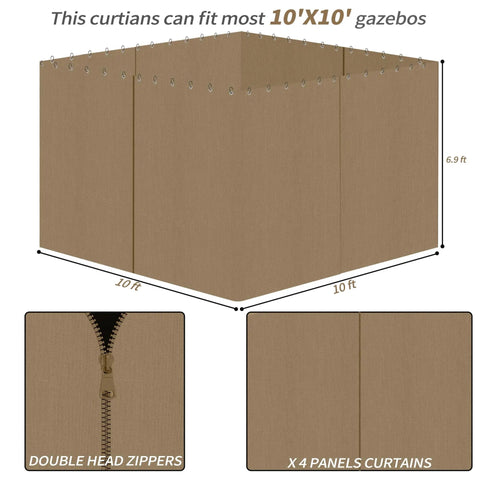 Privacy Curtain Set With Zipper For Outdoor Pavilions Four Panel Side Walls Replacement For Patio Canopy Khaki 10x12