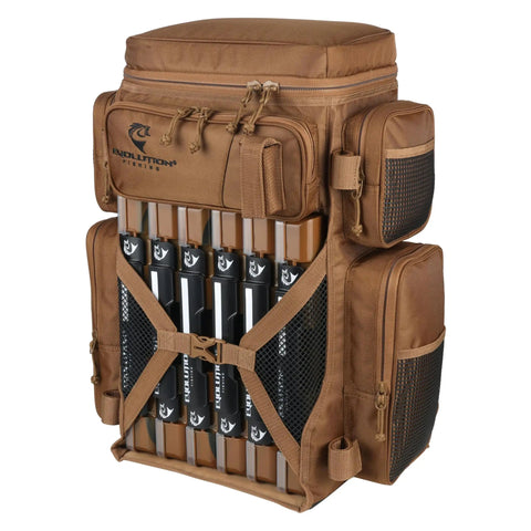 Drift Series 3700 Tackle Backpack With QuikLatch System And Two Rod Holders Coyote Color Heavy Duty Gear Bag With Six Tackle Trays