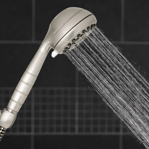 High Pressure Powerpulse Massage Handheld Shower Head With 7 Spray Settings And 5 Foot Hose Brushed Nickel Detachable Shower Head Delivers 2X Massage Power For Quick Relieving Showers, water flow visible.