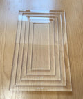 Top Shelf Rectangle Router Template Set For Custom Woodworking Builds Quarter Inch Clear Acrylic Jig with engraved sizes on wood surface.