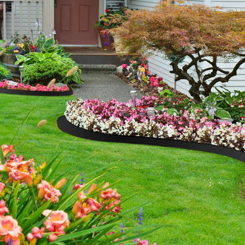No Dig Landscape Edging Kit 4 Inch Tall 33 Ft With 30 Spikes Flexible Garden Border for curved flower bed near house walkway.