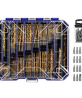 Titanium twist drill bit set, 276pc in clear blue-lid case (front view); S2 bits, 1/16–1/2 in for wood, metal, plastic