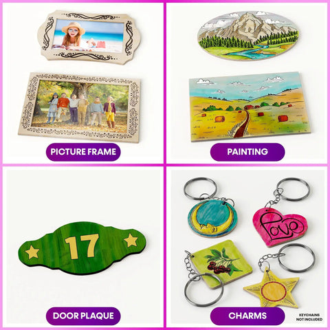 Beginner Wood Burning Kit For Kids And Teens, Totally Beginner Friendly, Easter Gift And Birthday Gift Idea For Boys And Girls, Learn Step By Step Sketch Burn And Paint Eight DIY Art Projects, Safe Pro Grade Accessories For Fun Craft Activities, showing various decorative items.