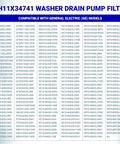 Washer Drain Pump Filter Replacement For GE Washing Machines compatibility chart with model numbers listed.