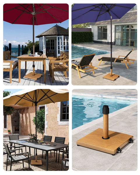 Heavy Duty 45Lb Patio Umbrella Base With Wheels Pre Filled Concrete No Sand Or Water Needed Wind Resistant Stand Fits 6 To 12 Ft Umbrellas For Deck Poolside Or Balcony in use across different outdoor settings, showcasing its versatility and stability.