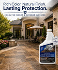 All Natural Stone Color Enhancer Sealer For Pavers And Surfaces 1 Gallon bottle on outdoor patio with stone tiles.