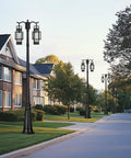 Two Head Outdoor Lamp Post Light Hardwired Street Pole For Outdoor Use With Water Glass Shade on residential street
