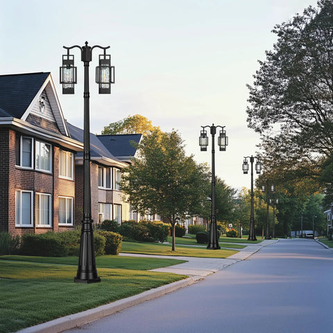 Two Head Outdoor Lamp Post Light Hardwired Street Pole For Outdoor Use With Water Glass Shade on residential street