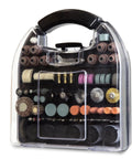 Heavy Duty 320 Piece Rotary Tool Accessory Kit With Durable Protective Carry Case arranged with various attachments for sanding and drilling.