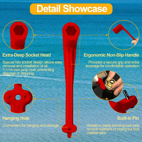 Must-Have Polymer Propeller Wrench Kit 1-1/16 Inch With Prop Stop Block, Lightweight Rustproof Red Plastic Boat Prop Tool diagram.