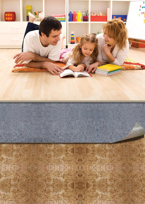 Family enjoying reading on laminate floor with Pro Grade Flooring Underlayment Roll For Laminate Wood And Tile Sound Dampening Padding.