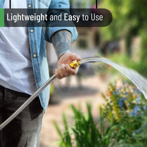 Person watering garden with Heavy Duty Stainless Steel Garden Hose 3 Feet Short All Metal Water Hose No Kink Built To Last