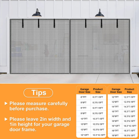 Hands Free Magnetic Garage Door Screen In Privacy Silver, 9 By 7 Feet, mesh screen with size guide and installation tips.