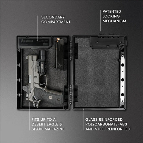 Compact Mechanical Handgun Lock Box For Instant Access Portable Safe Case with Desert Eagle and magazine inside, TSA compliant