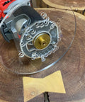 Universal Router Base Plate With Centering Pin And Mounting Screws For Six And A Half Inch Routers mounted on wood