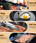 Image showcasing All In One Flat Top Griddle Accessories Kit With Enlarged Spatulas Burger Press Basting Cover Storage Bag Skewers Egg Rings Tongs Knife Squeeze Bottles And More For Outdoor BBQ Grilling, featuring sauce brush, egg rings, grill tongs, and skewers in use.