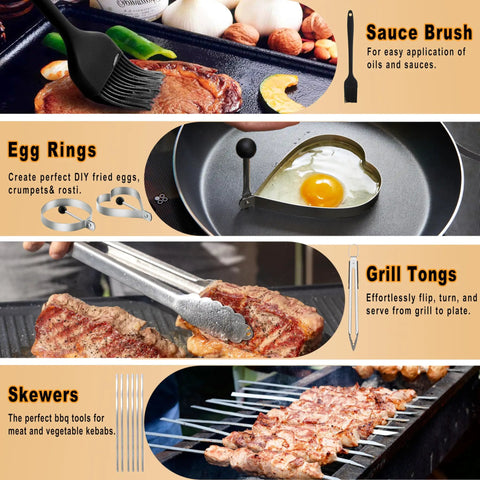 Image showcasing All In One Flat Top Griddle Accessories Kit With Enlarged Spatulas Burger Press Basting Cover Storage Bag Skewers Egg Rings Tongs Knife Squeeze Bottles And More For Outdoor BBQ Grilling, featuring sauce brush, egg rings, grill tongs, and skewers in use.