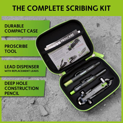 Heavy Duty Woodworking Scribe Tool Set With Deep Hole Marking Pen And Replacement Leads in durable carry case, featuring tools and leads.