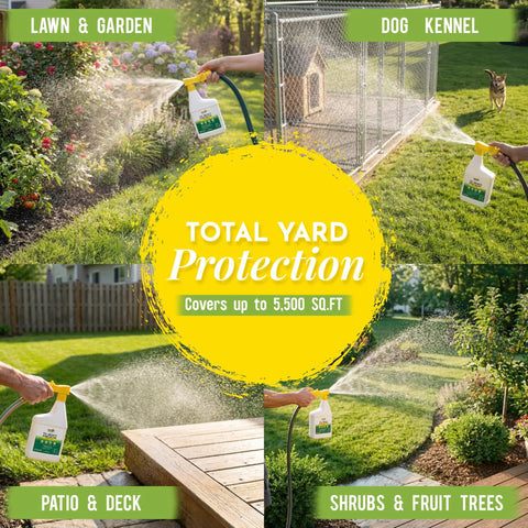 Natural Tick And Mosquito Yard Spray Ready To Use Kid Safe Pet Safe Pollinator Safe Plant Derived With Essential Oils DIY Flea And Tick Control Made In USA 32 Ounces For Outdoor Use Today shown on lawn, garden, and kennel use.