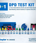 Straightforward 9-In-1 Dpd Pool Spa Water Testing Kit With Hardshell Carry Case showing reagents and comparators for testing.