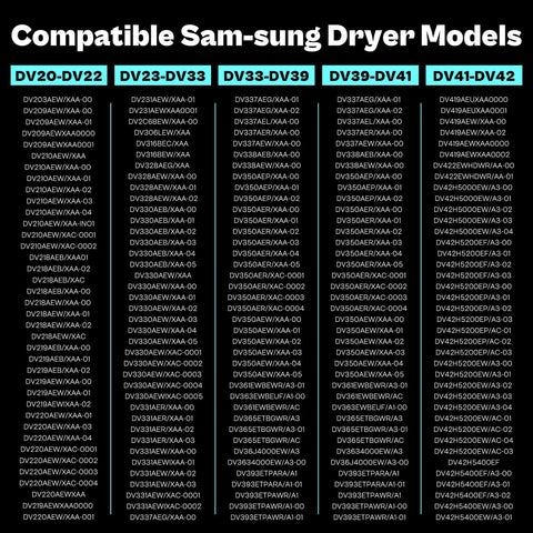 List of compatible Samsung dryer models for DIY Friendly Heating Element Replacement Kit For Dryers Compatible With DVE45T3200W A3 DVE50T5300C A3 DVE45R6100P A3 DV422EWHDWR AA DV218AEW XAA DV363EWBEUF A1 DV220AEW XAA DVE50M7450P A3 And DVE50R5400W A3