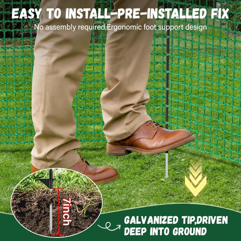 Man installing Heavy Duty 3x50 Ft Temporary Fence Kit For Backyard Pets And Poultry with fiberglass post and ground peg.