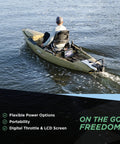 Person using NK300 Electric Kayak Motor With 3HP Boost, 36V Brushless Direct Drive on a kayak for quiet lake fishing.