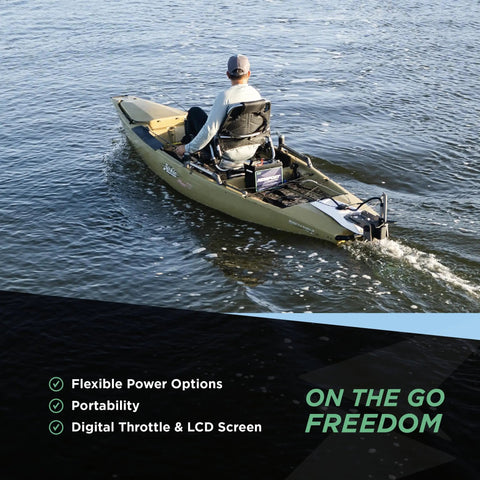 Person using NK300 Electric Kayak Motor With 3HP Boost, 36V Brushless Direct Drive on a kayak for quiet lake fishing.