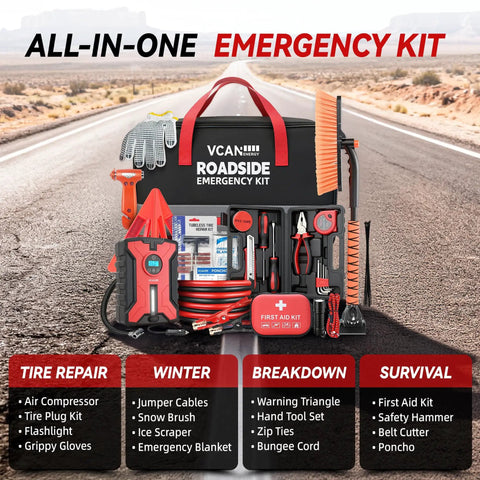 All-In-One Roadside Emergency Kit With Portable Air Compressor And Jumper Cables, First Aid Essentials, Snow Brush And Ice Scraper, Winter Ready-To-Go 170-Piece Gear for Men Women Teens, easy to store in trunk, displayed on road background.