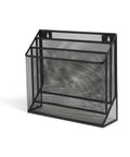 Wire Mesh File Organizer Three Compartment Matte Black Vertical Desk Sorter for papers, folders, mail; desktop or wall mounted storage.