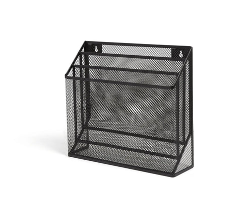 Wire Mesh File Organizer Three Compartment Matte Black Vertical Desk Sorter for papers, folders, mail; desktop or wall mounted storage.