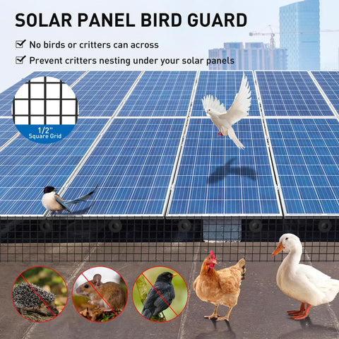 Solar panel with 6 Inch 50 Ft Solar Panel Bird Guard And Wire Mesh Critter Barrier installed, protecting against various birds and critters.