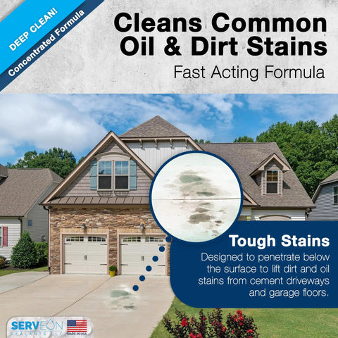 Heavy Duty Concentrated Concrete Cleaner That Kicks Stubborn Oil Stains Rust And Hard Water Deposits Right Out Works Smooth As Silk For Patios Driveways And Garage Floors One Gallon, showing stains on driveway.
