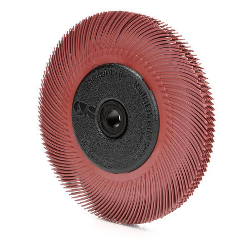Radial Bristle Brush With Aluminum Oxide For A Clean Finish Deburring And Polishing At Six Thousand RPM, six inch diameter