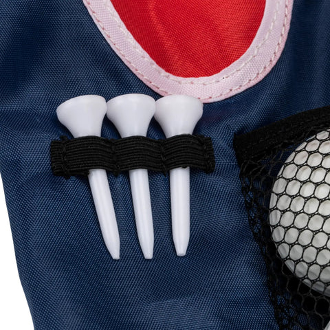 Close-up of Totally Kid Friendly Beginner Golf Set with tees and mesh pocket on blue and red bag.