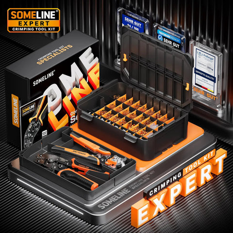 Open Barrel Spade Connector Crimping Tool Kit for 24-14 AWG with case and 40 types of quick disconnects displayed
