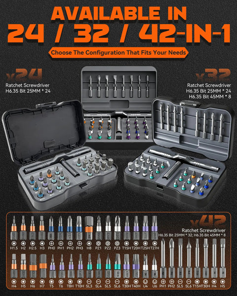 All In One Magnetic Ratchet Screwdriver Set With 42 In 1 Bits shown in three configurations, each with a magnetic bit holder and case.