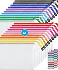 20 Pack Zipper Mesh Document Pouches Set, 6 By 9 Inch A5, Water Resistant Plastic File Bags in 10 Colors displayed in layers