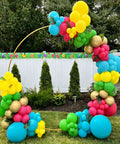 Hawaiian Summer Balloon Arch Kit With 129 Pieces In Hot Pink Teal Blue Lime Green Yellow Orange And Confetti, outdoor setup