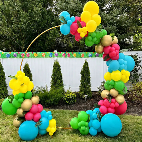 Hawaiian Summer Balloon Arch Kit With 129 Pieces In Hot Pink Teal Blue Lime Green Yellow Orange And Confetti, outdoor setup