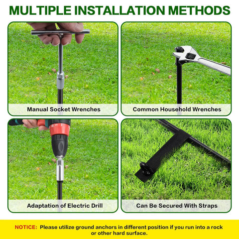 Multiple installation methods for 18 Inch Ground Anchors Screw In Heavy Duty Kit Quad Pack With Wrenches And Straps for high wind setups