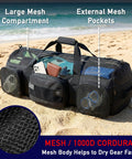 130L Mesh Duffle Bag for Water Sports Gear with Wide Opening and Shoulder Straps on beach, showing mesh compartment and pockets