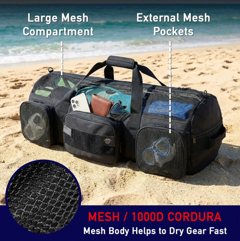 130L Mesh Duffle Bag for Water Sports Gear with Wide Opening and Shoulder Straps on beach, showing mesh compartment and pockets