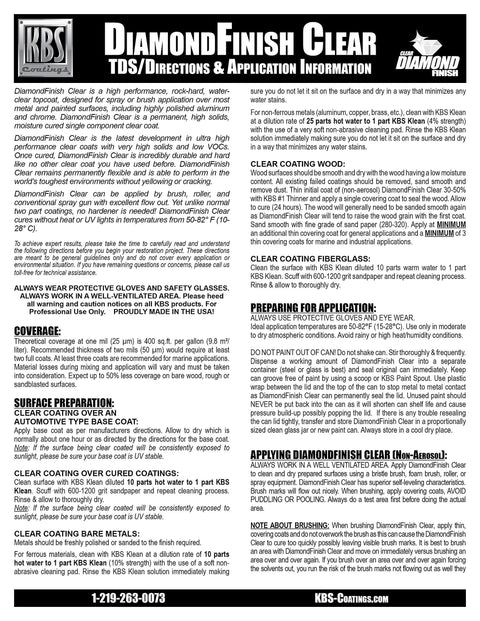 KBS DiamondFinish Clear aerosol label, 16 oz, 35 sq ft coverage, automotive coating directions.