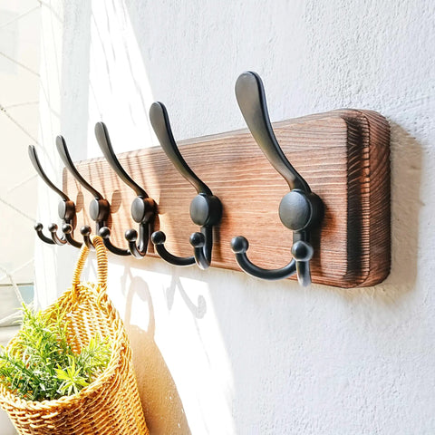 Wall Mounted Coat Rack With Five Tri Hooks, Heavy Duty Wooden Coat Hanger For Clothes Hats And Jackets, Rustic Burnt Wood Finish