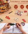 Hands assembling the 3D Puzzle For Adults Dope Dream Factory Gift Kit Luminous Wooden Model DIY Dollhouse Scene with parts and instructions.