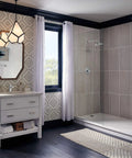Modern bathroom with a shower area and 16 Inch Black Stainless Shower Arm Trim With One Half IPS Threads, Wall Mount Design For A Fresh Shower Upgrade.
